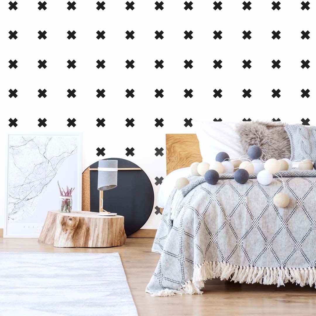Modern white wallpaper with black X Mark crosses (white and black version) - Dekoori image 2