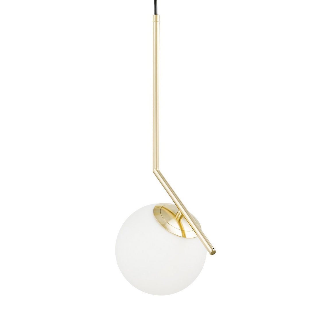 Golden pendant lamp, white glass ball, designer arm, classic gold - SORENTO image 1