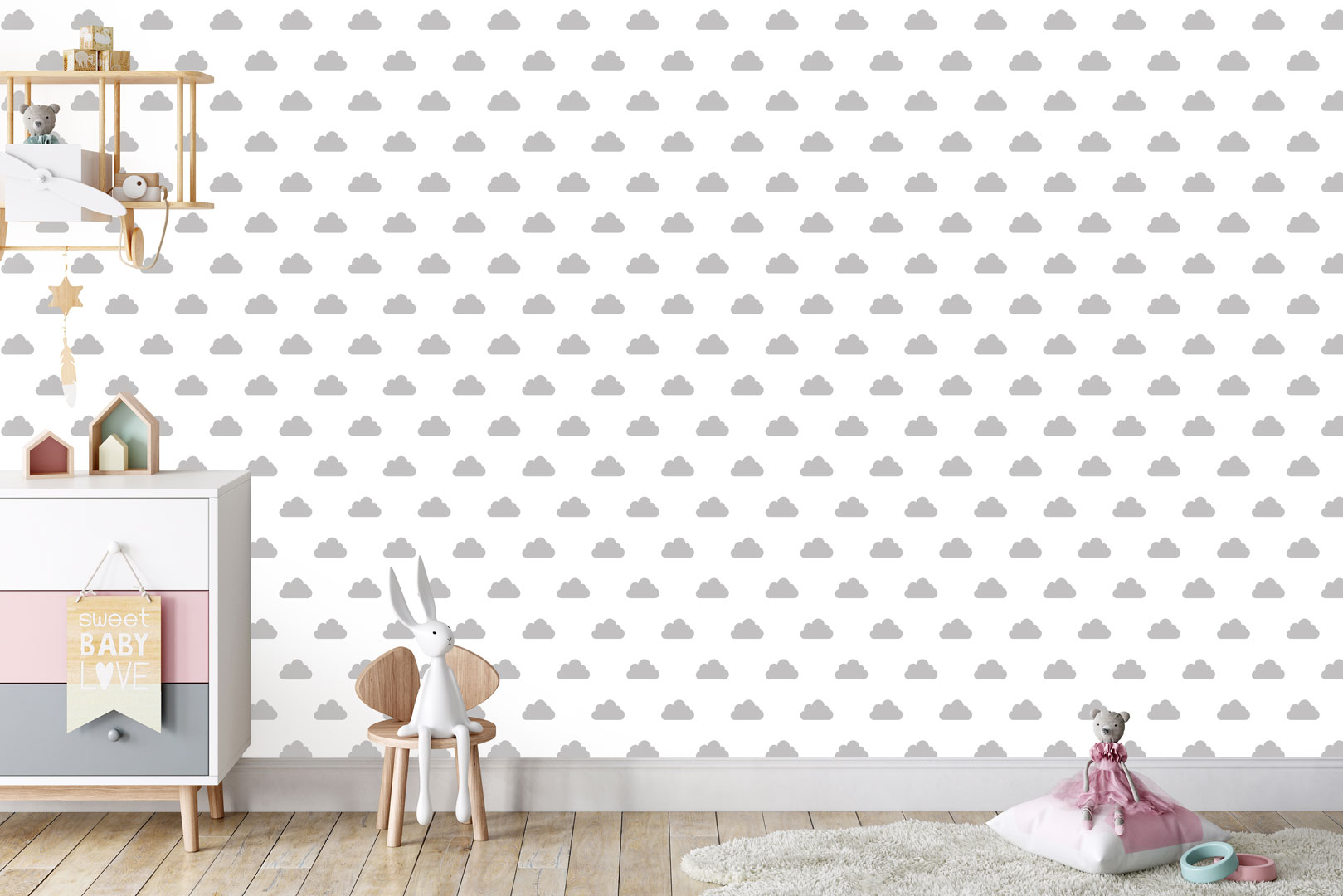 Biela tapeta so sivými oblakmi na stenu do detskej izby - Dekoori obrázok 3