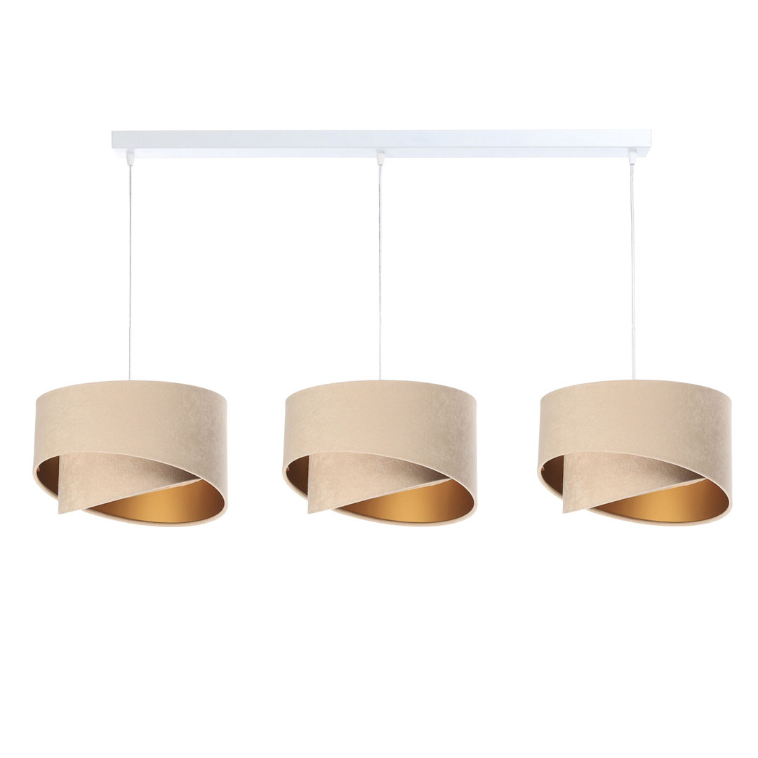 Triple beige and gold pendant lamp with asymmetrical velour lampshades on ceiling bar - BPS Koncept image 1