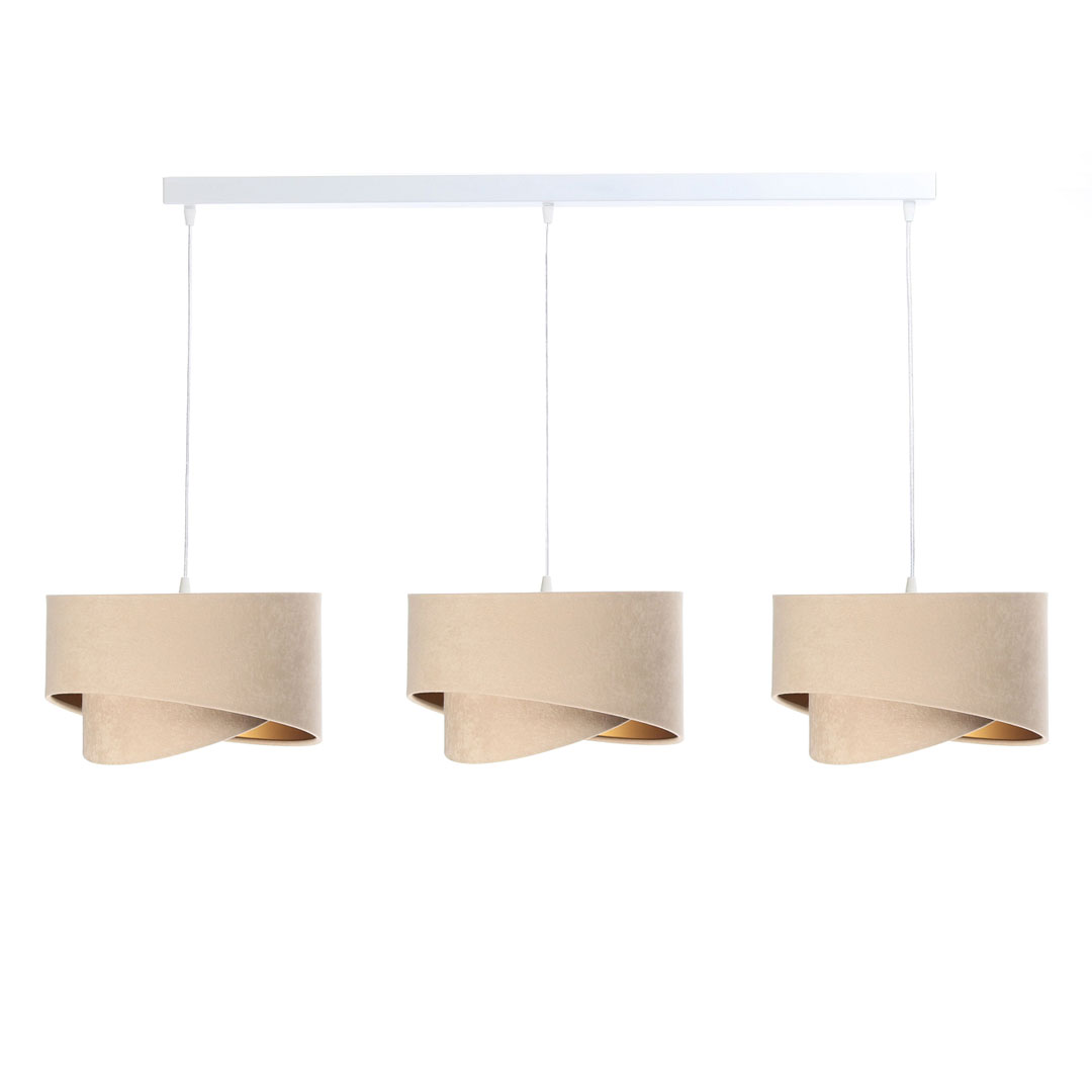 Triple beige and gold pendant lamp with asymmetrical velour lampshades on ceiling bar - BPS Koncept image 3
