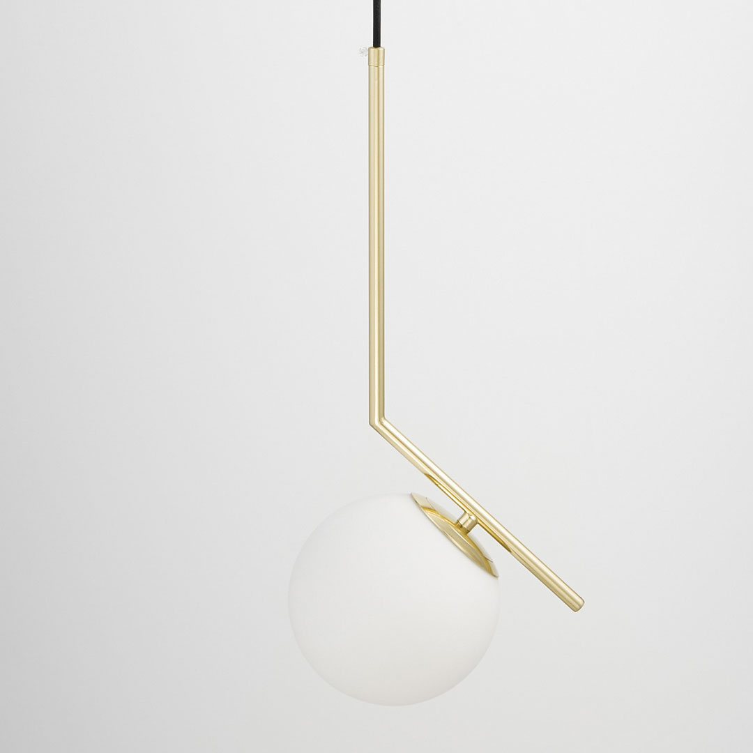 Złota lampa wisząca, biała szklana kula, designerskie ramię, klasyczne złoto - SORENTO zdjęcie 3