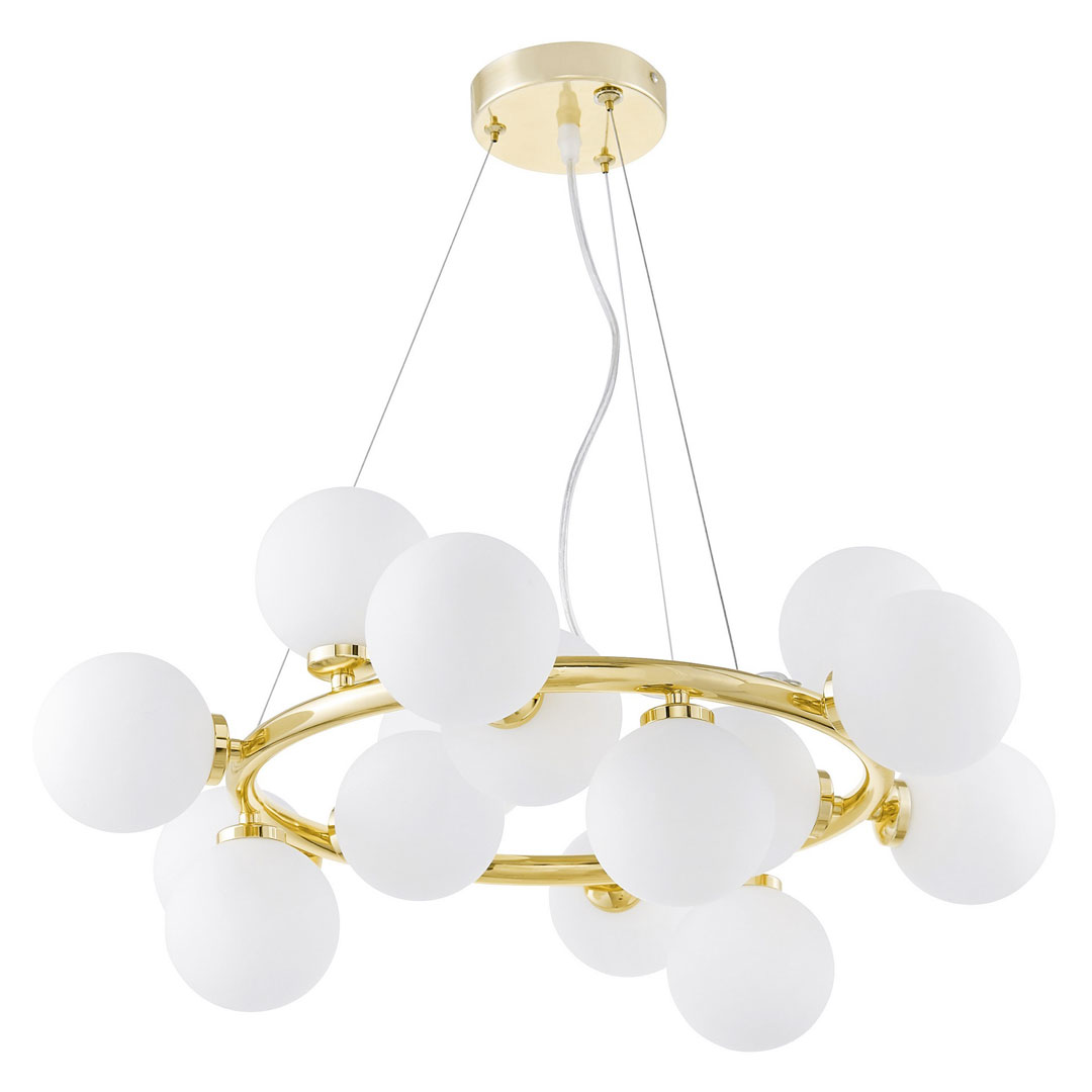 Zlatý lustr, bílé skleněné koule, klasická zlatá, glamour závěsná lampa - MARSIADA - Lumina Deco obrázek 1