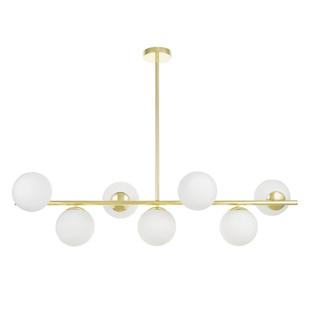 Gold chandelier, glass white balls, pendant lamp with shades on a horizontal bar, classic gold - FREDICA W7 - Lumina Deco image 1