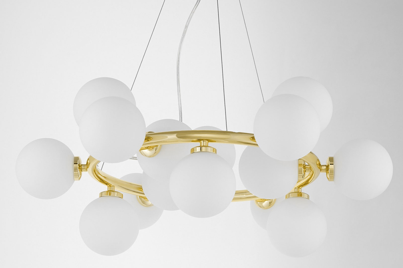 Golden chandelier, white glass balls, classic gold, glamour pendant lamp - MARSIADA - Lumina Deco image 3