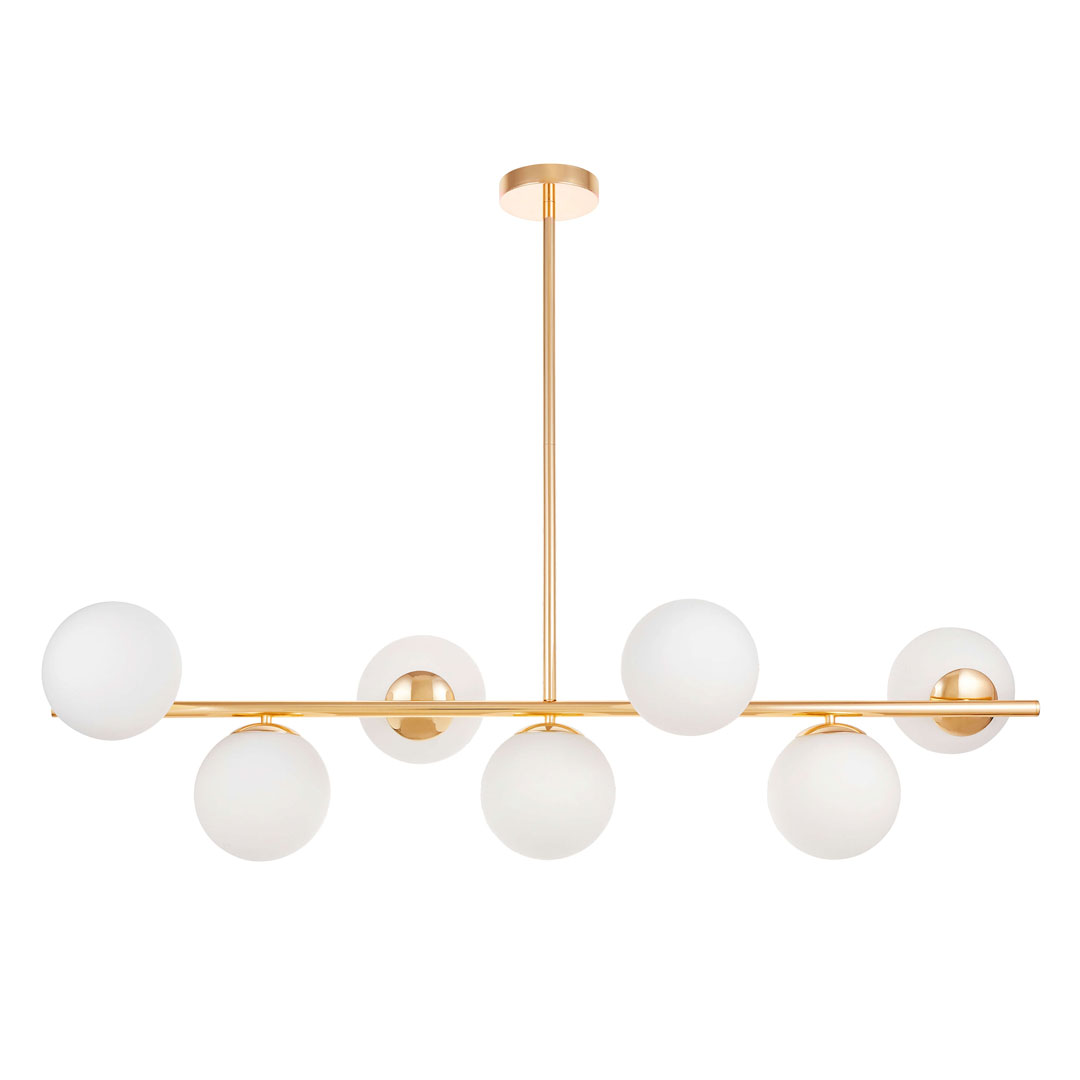 Elegant gold pendant lamp, chandelier, horizontal bar with white glass shades - FREDICA W7 - Lumina Deco image 1
