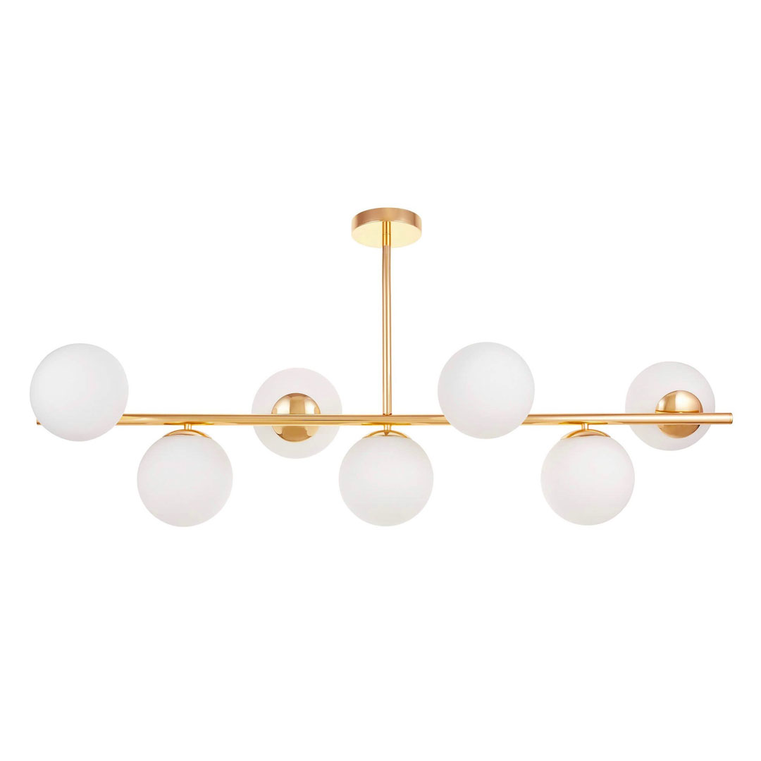 Elegant gold pendant lamp, chandelier, horizontal bar with white glass shades - FREDICA W7 - Lumina Deco image 3