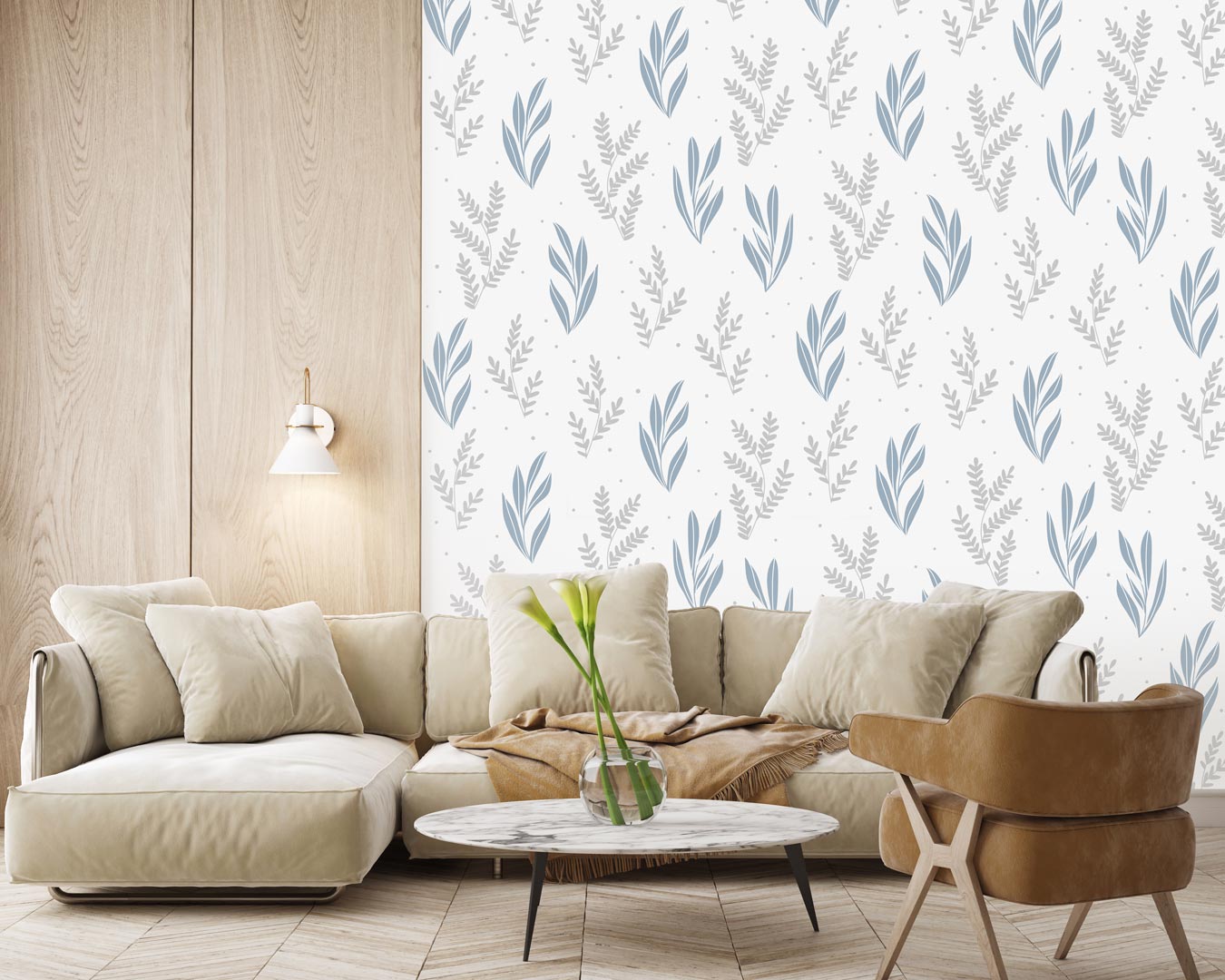 Boho wallpaper with grey and blue underwater plants on a light grey background - Dekoori image 2