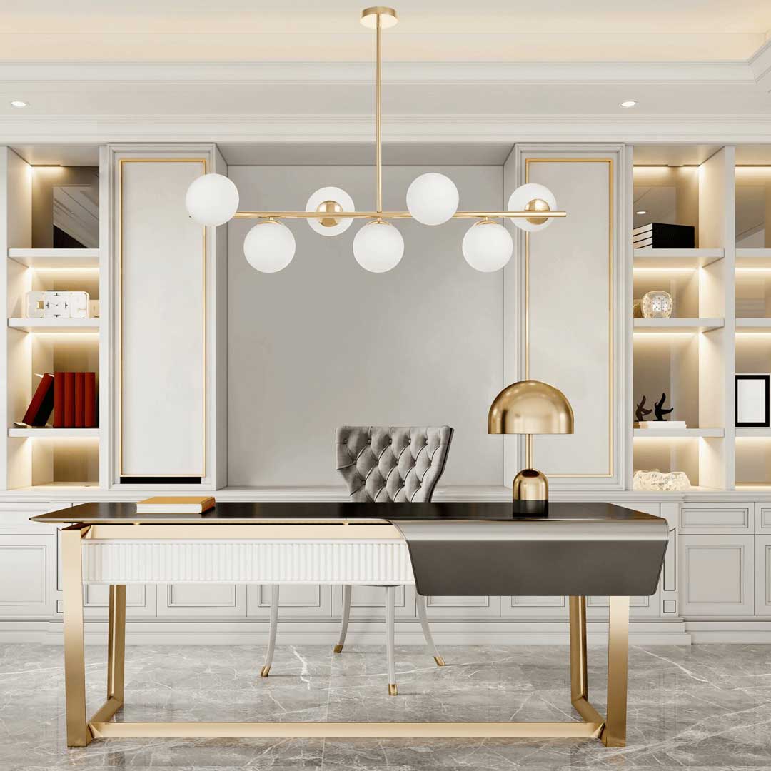 Elegant gold pendant lamp, chandelier, horizontal bar with white glass shades - FREDICA W7 - Lumina Deco image 2