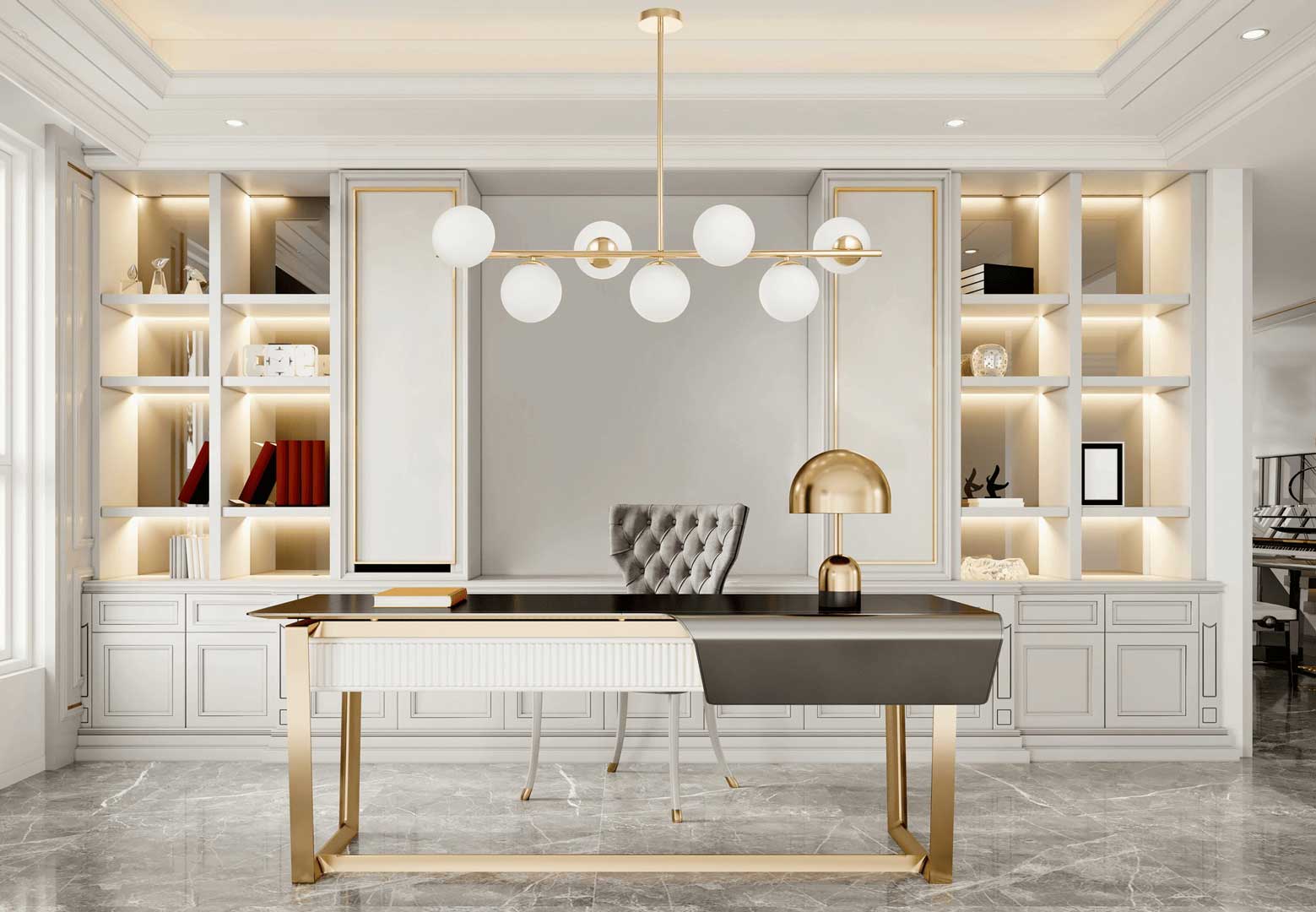 Elegant gold pendant lamp, chandelier, horizontal bar with white glass shades - FREDICA W7 - Lumina Deco image 4