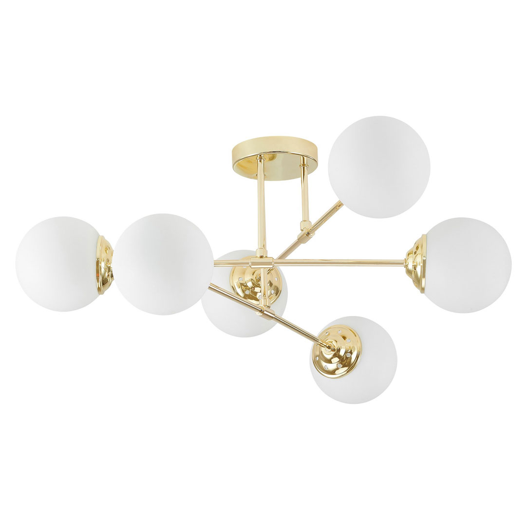 Złota lampa sufitowa asymetryczna, metalowe rurki, białe kule, klasyczne złoto - FINO - Lampit zdjęcie 1