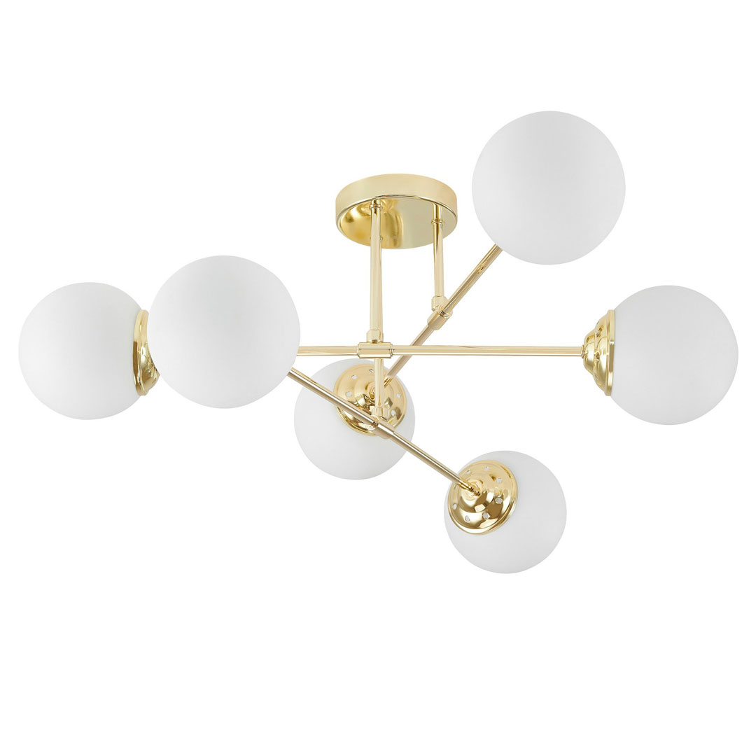 Złota lampa sufitowa asymetryczna, metalowe rurki, białe kule, klasyczne złoto - FINO - Lampit zdjęcie 3