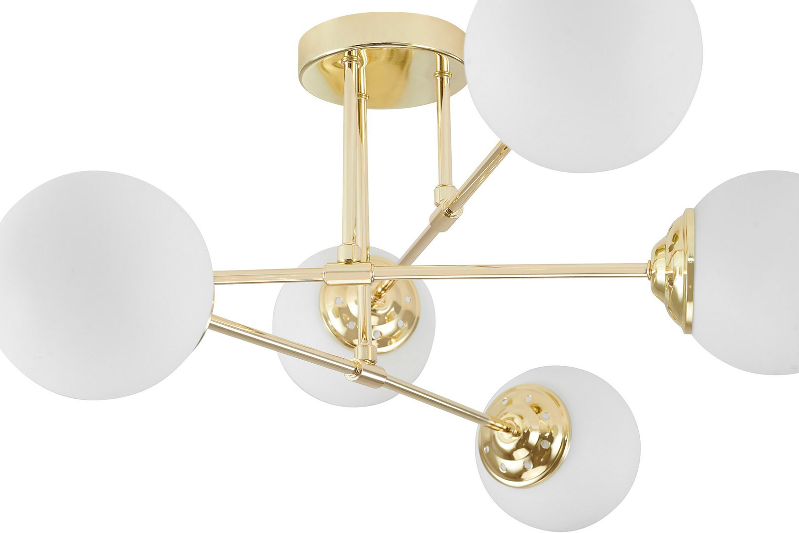 Złota lampa sufitowa asymetryczna, metalowe rurki, białe kule, klasyczne złoto - FINO - Lampit zdjęcie 4