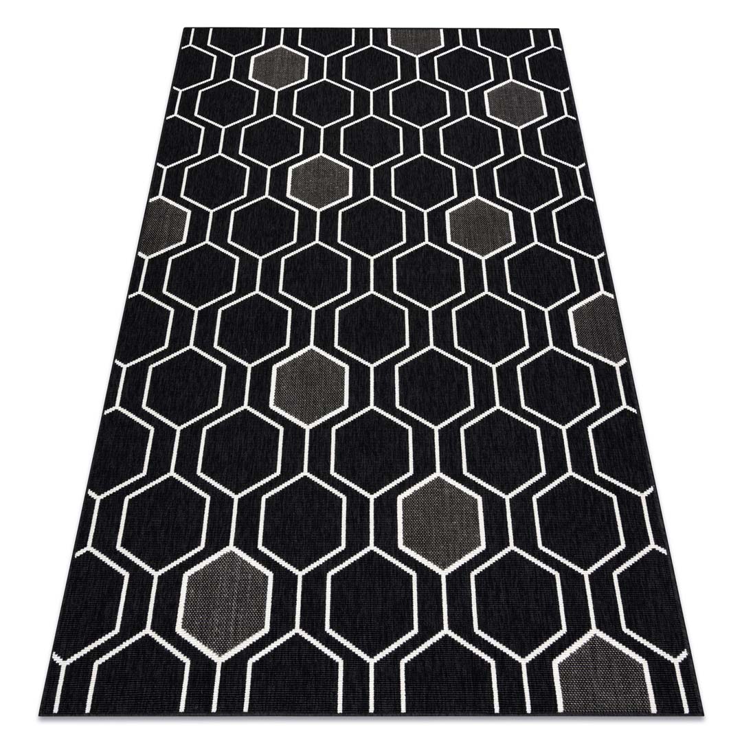 Czarny dywan sznurkowy, pętelkowy z białym geometrycznym wzorem HEKSAGONY, nowoczesny design do biura - Dywany Łuszczów zdjęcie 2