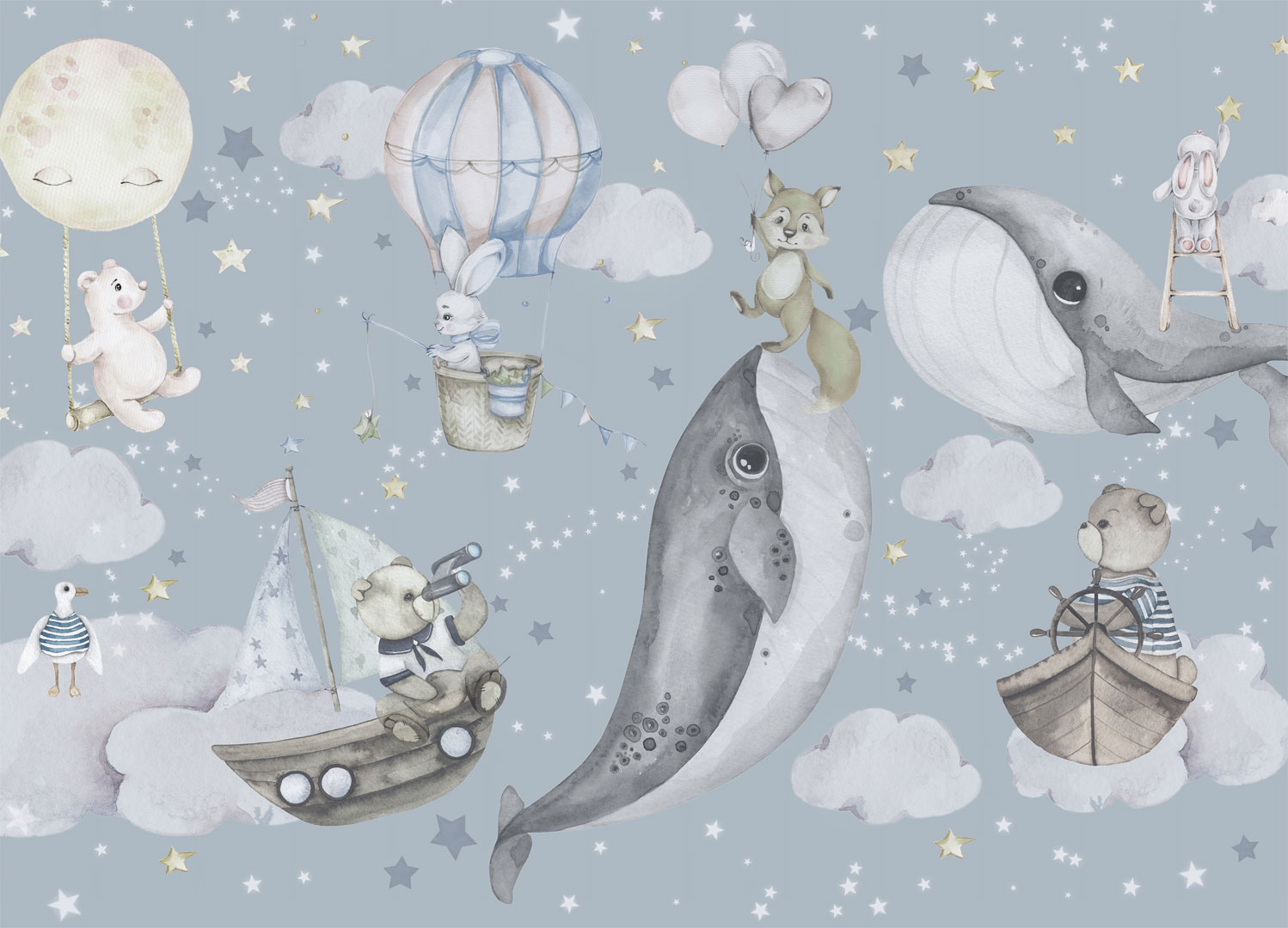 Tapeta dla dzieci, chłopca lub dziewczynki, z wielorybami i zwierzętami w chmurach, POLOWANIE NA GWIAZDY - Dekoori zdjęcie 1
