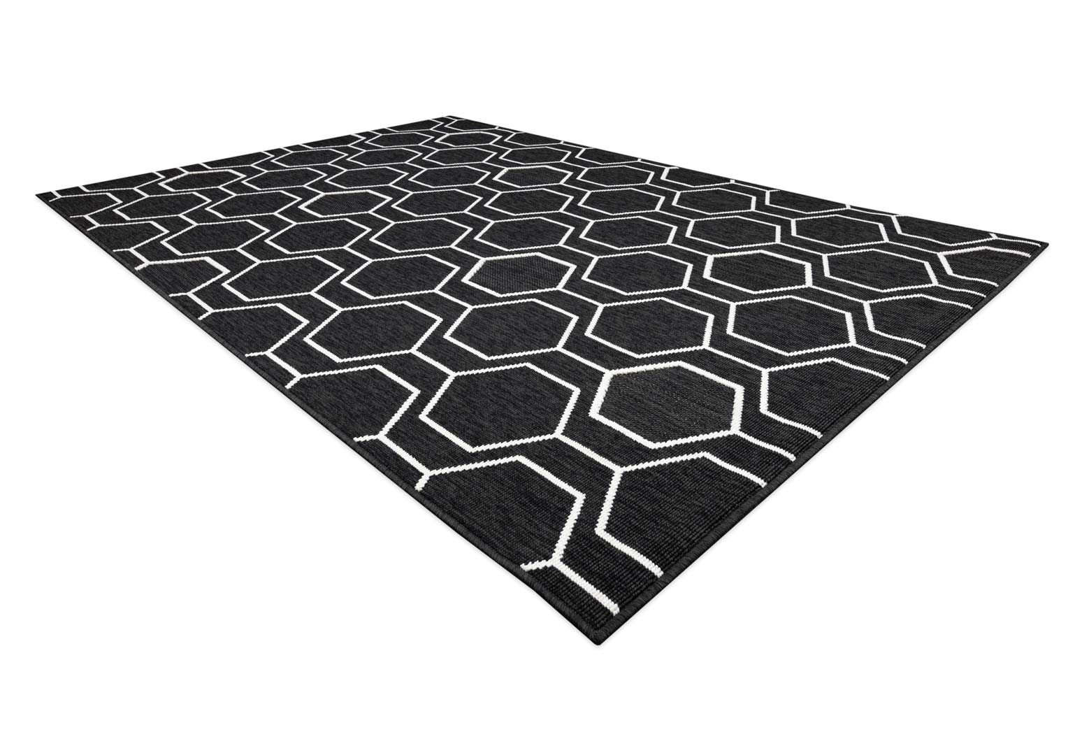 Černý šňůrkový a smyčkový koberec s bílým geometrickým vzorem šestiúhelníků, moderní design do kanceláře - Dywany Łuszczów obrázek 3