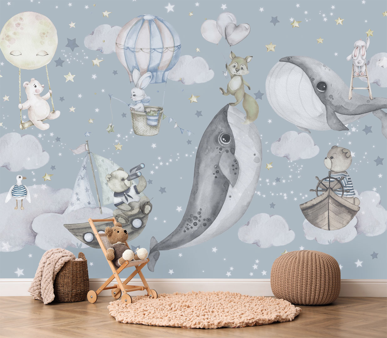 Tapeta dla dzieci, chłopca lub dziewczynki, z wielorybami i zwierzętami w chmurach, POLOWANIE NA GWIAZDY - Dekoori zdjęcie 2