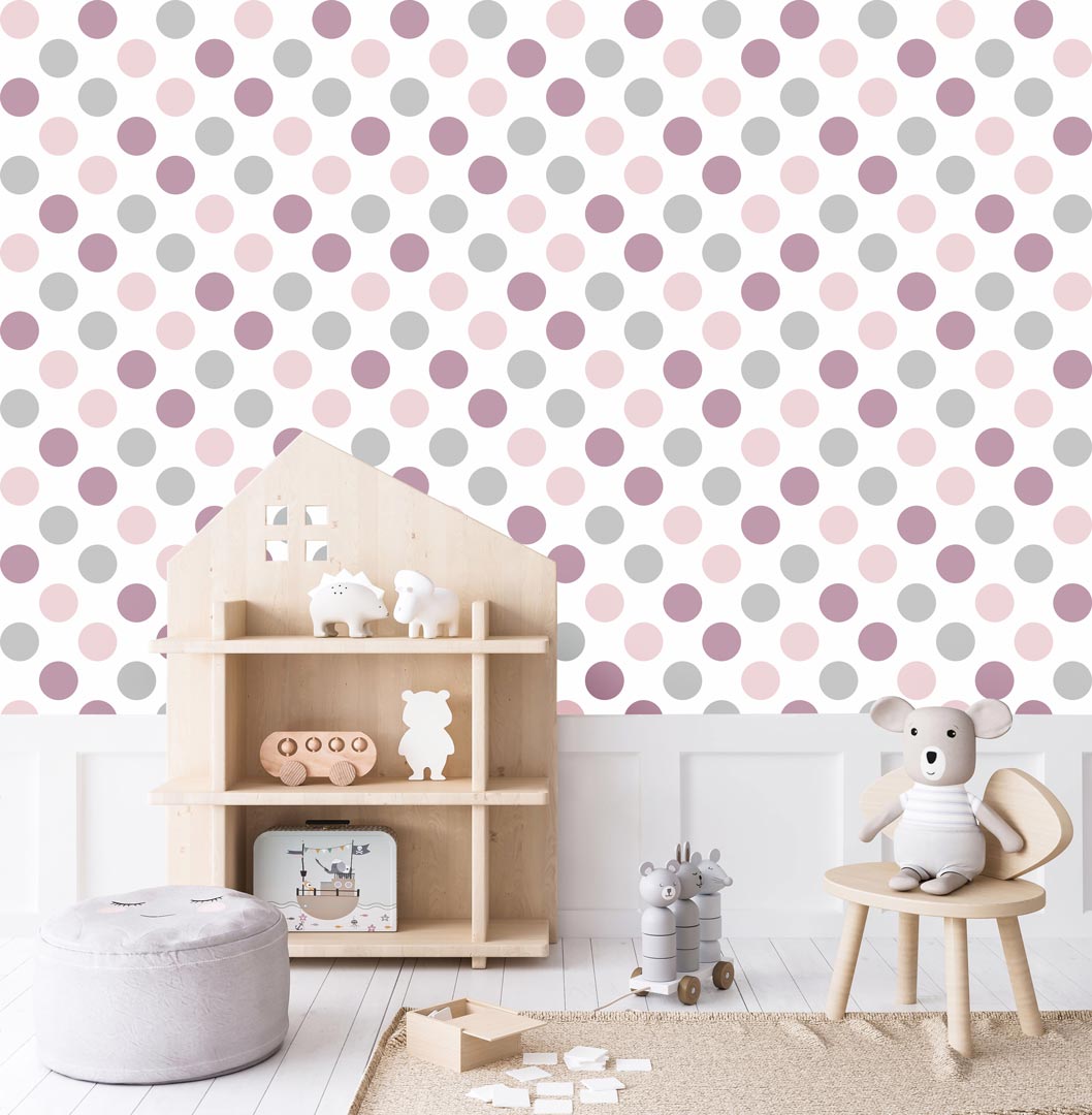 White wallpaper with violet, pink and grey 10 cm dots - Dekoori image 2