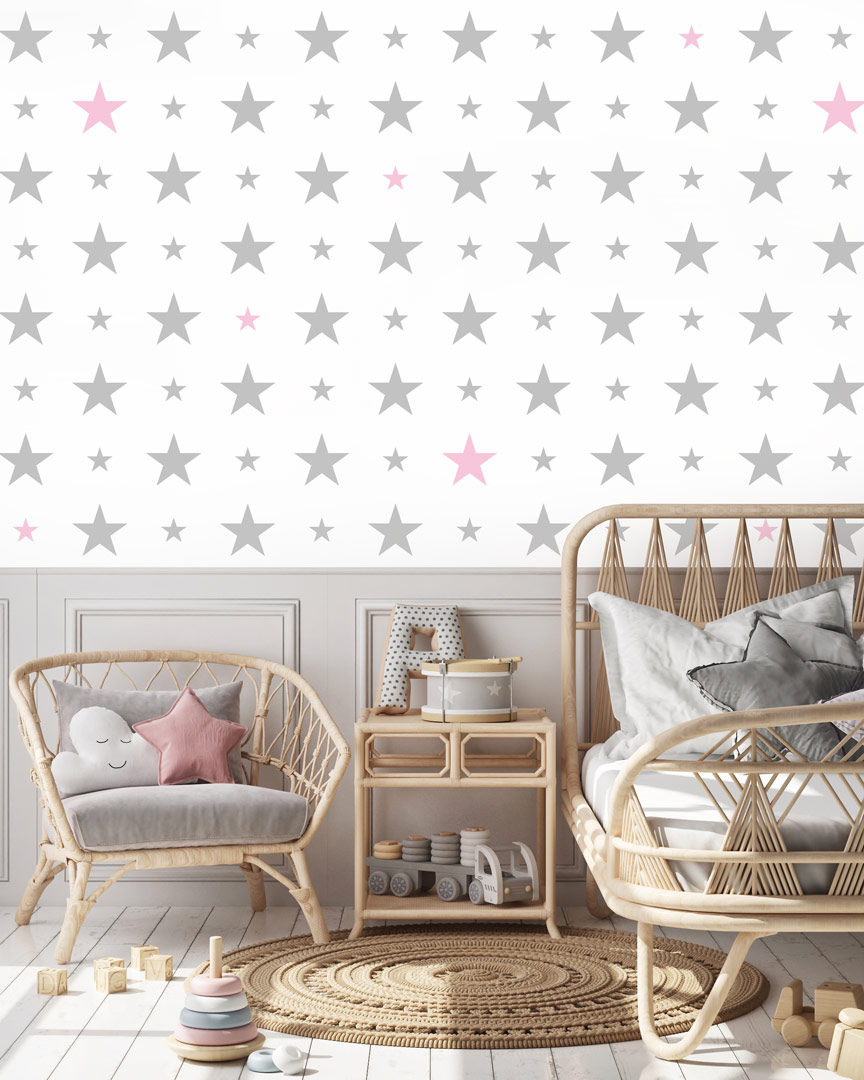 White and grey-and-pink 15 and 7 cm stars wallpaper - Dekoori image 2