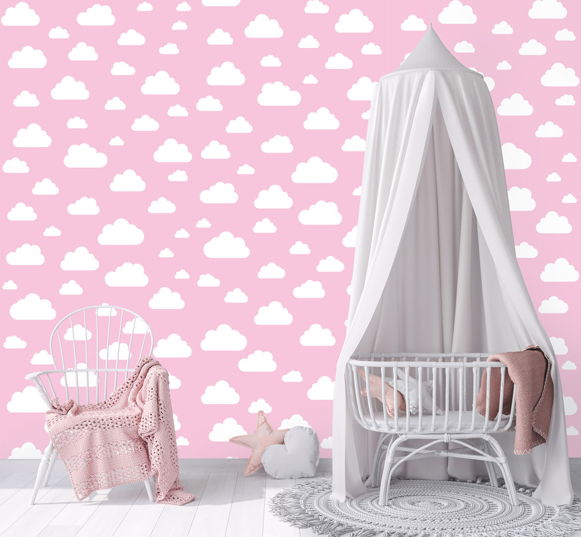 Pink wallpaper for walls with white 7,5-24 cm clouds - Dekoori image 2