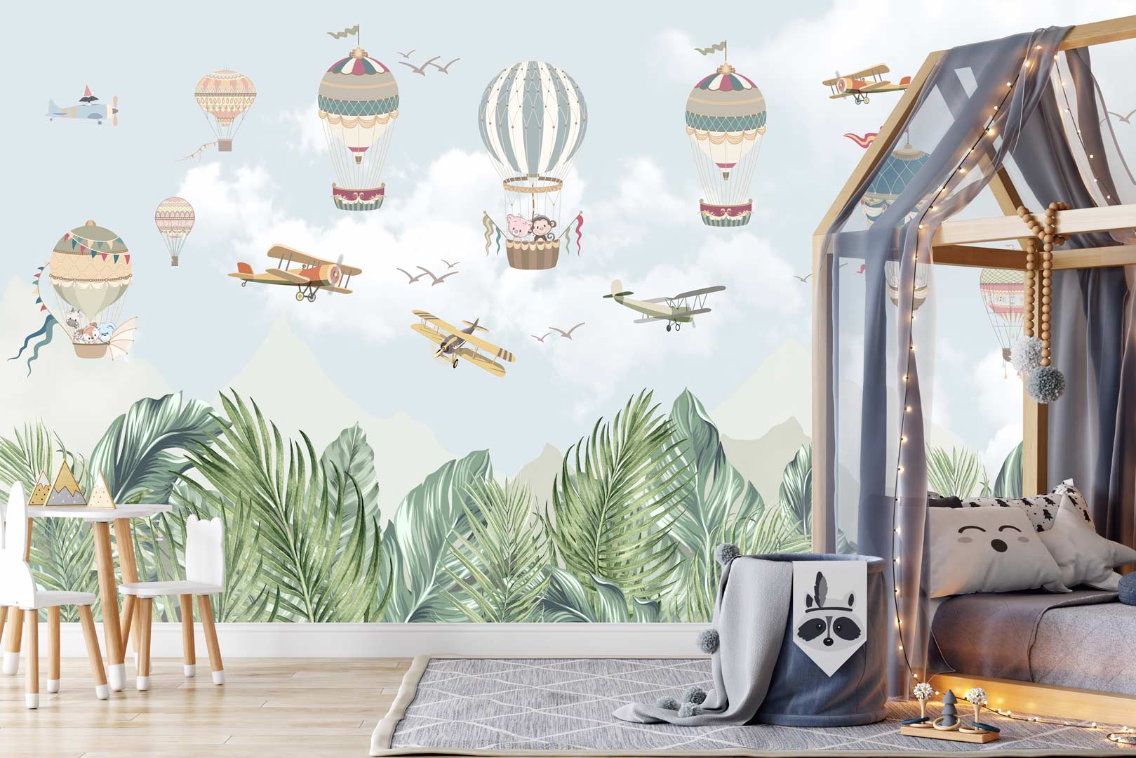Tapeta - létající balóny v oblacích, letadla, hory, džungle do dětského pokoje