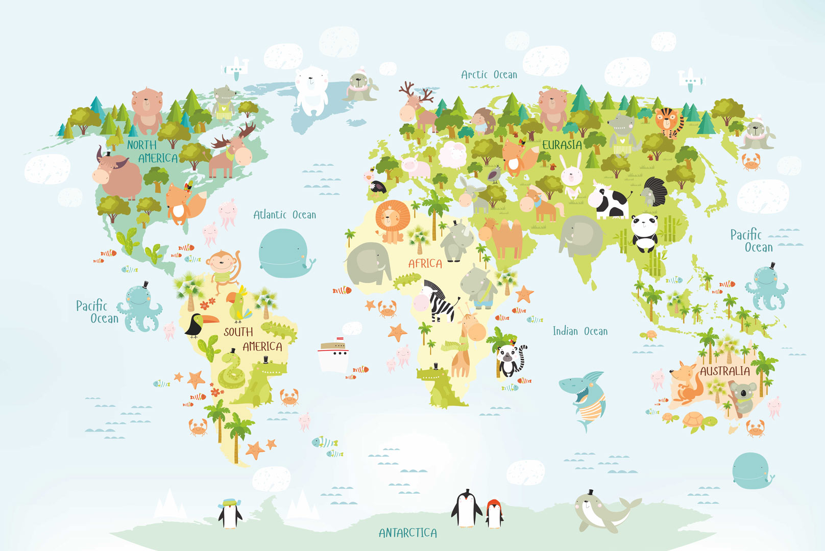 Farebná fototapeta mapa sveta so zvieratami a rastlinami