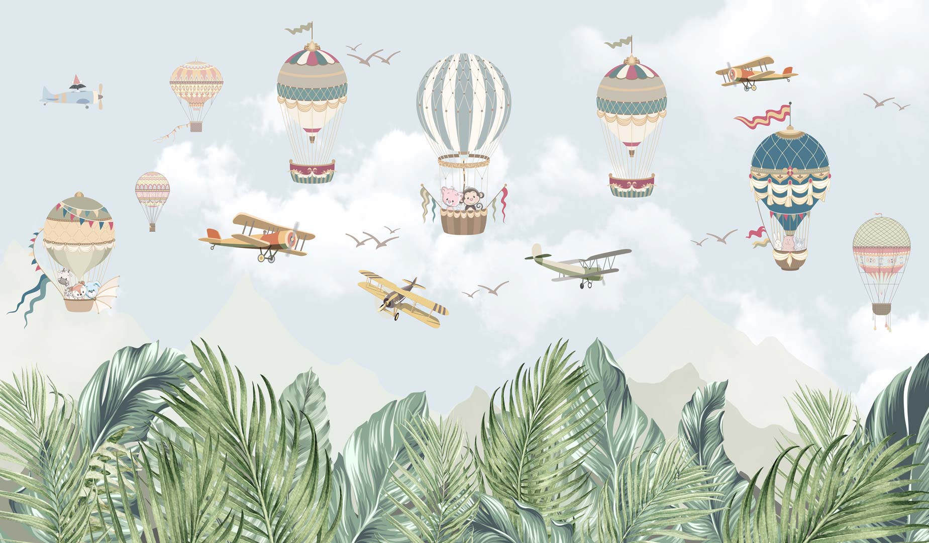 Dětská tapeta - barevné létající balóny v oblacích, letadla, hory, džungle