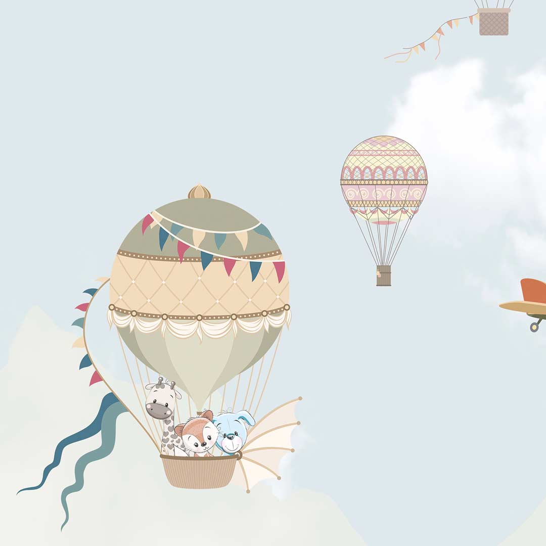 Detská tapeta - lietajúce balóny v oblakoch, lietadlá, hory, džungľa - Dekoori obrázok 3
