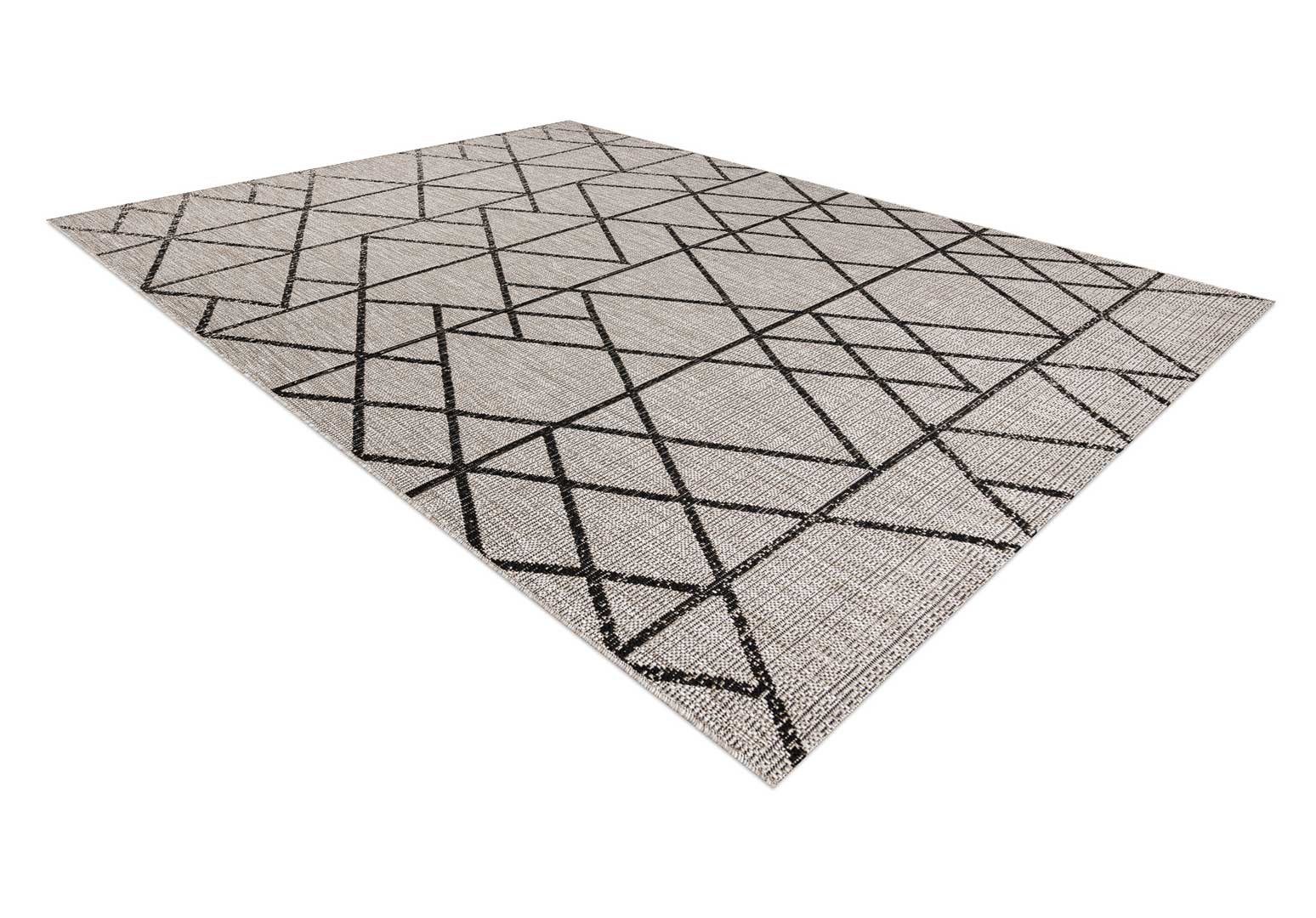 Šedý a béžový šňůrkový koberec s černým geometrickým vzorem trojúhelníků, kosočtverců, boho styl, na terasu a do bytu - BOHANA - Dywany Łuszczów obrázek 3