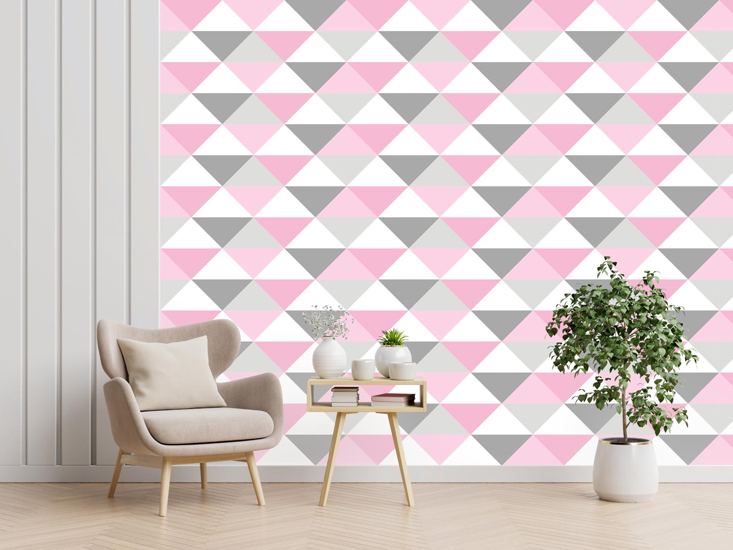 Geometrická škandinávska tapeta s bielo-sivo-ružovými pastelovými TROJUHOLNÍKmi 33 cm - Dekoori obrázok 2