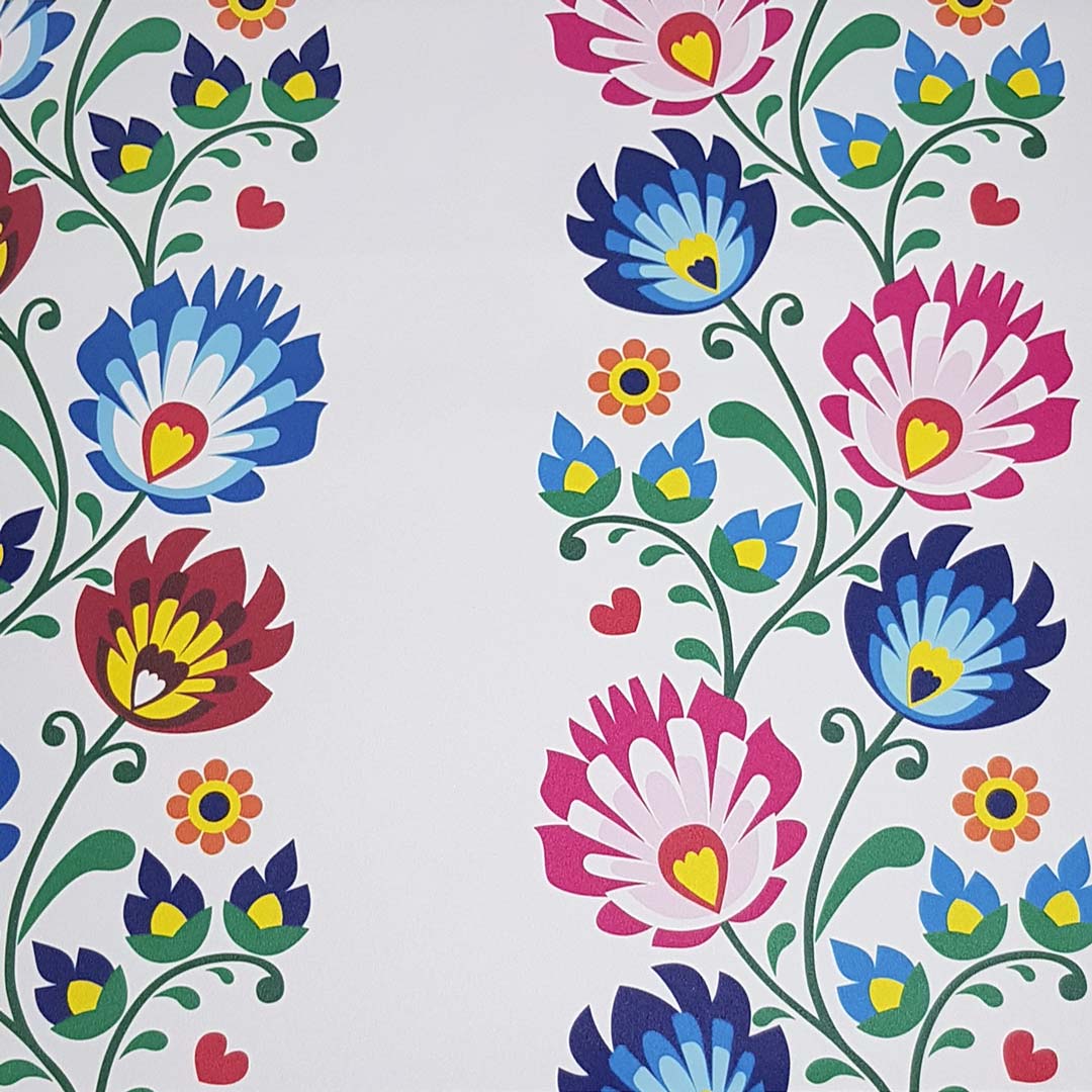 Kolorowa, dekoracyjna tapeta na ścianę w łowicki, folkowy wzór kwiatowy - Dekoori zdjęcie 3