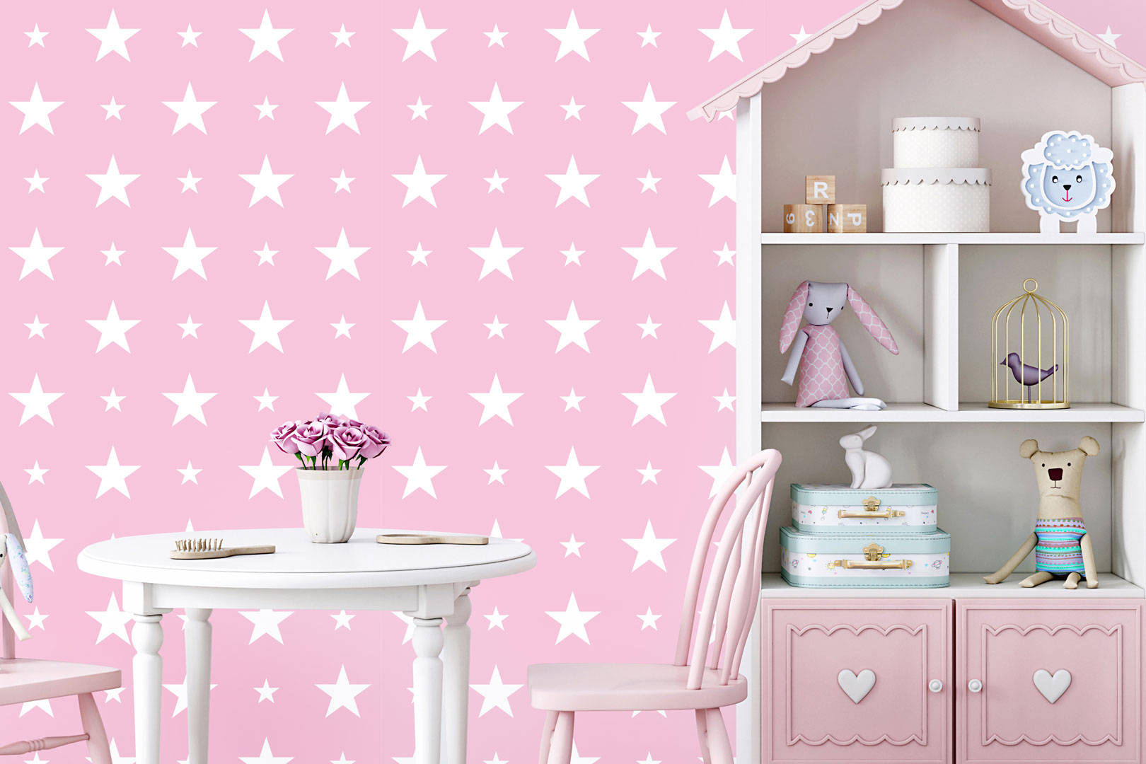 Pink wallpaper with white 15 and 7 cm stars - Dekoori image 2