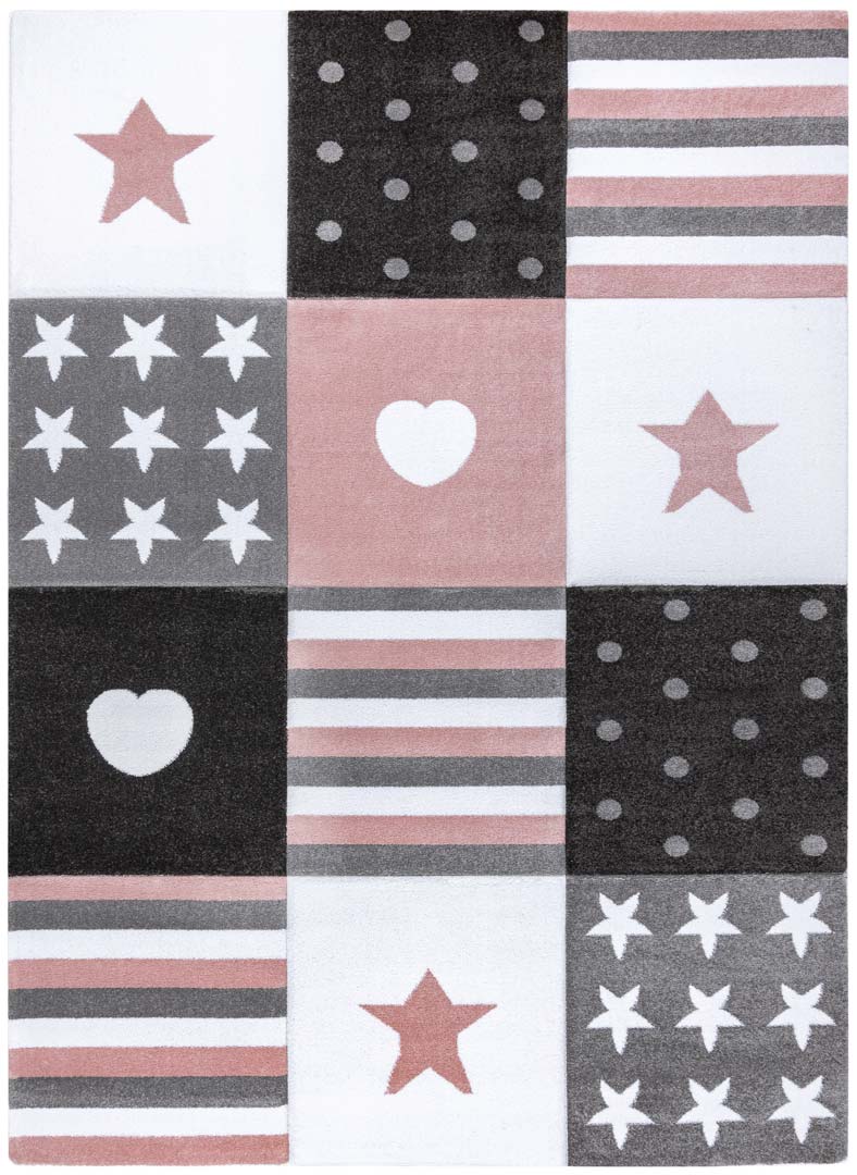 Dekorativní patchworkový dětský koberec pro dívku se srdíčky, hvězdami a puntíky PETIT TEENY růžová, šedá, bílá - Dywany Łuszczów obrázek 1