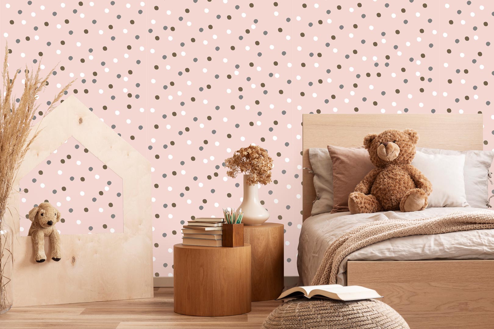 Salmon coloured wallpaper with irregular 3 cm dots of white, grey, brown colours - Dekoori image 2