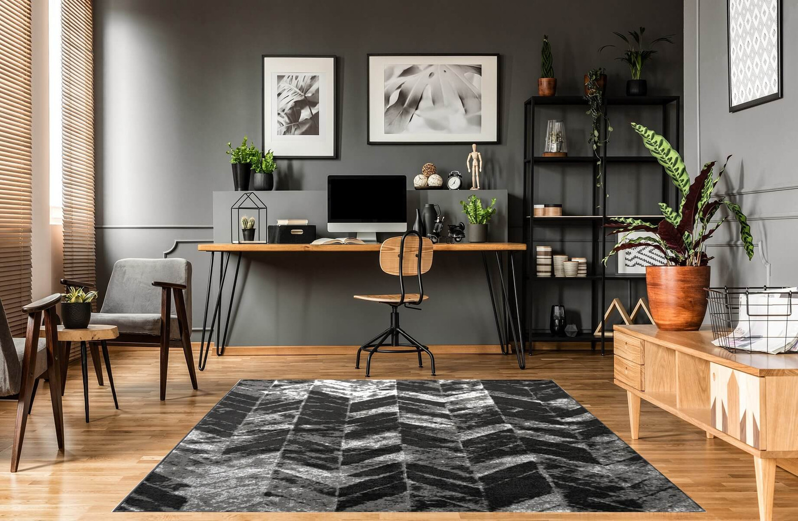 Moderní tmavě šedý koberec Almas 26, imitace opotřebení, do pokoje, vzor rybí kost - Carpetforyou obrázek 2