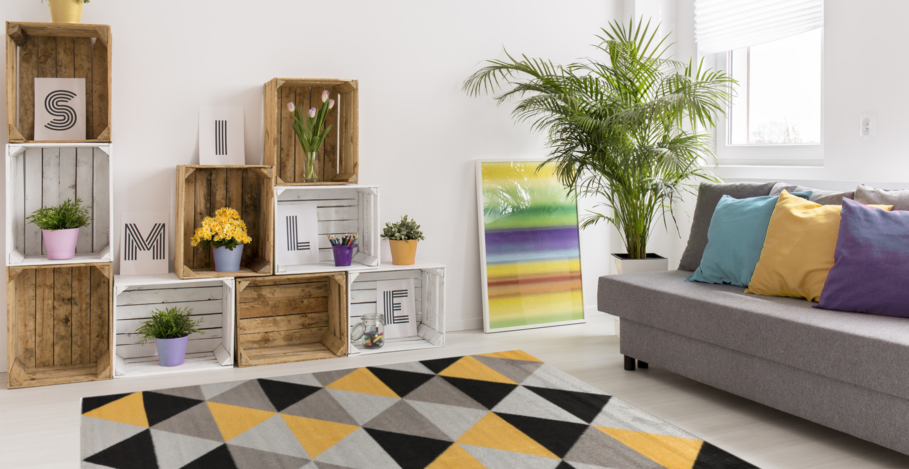 Farebný koberec do izby Desert Stream 07 so sivými, čiernymi a žltými trojuholníkmi - Carpetforyou obrázok 4