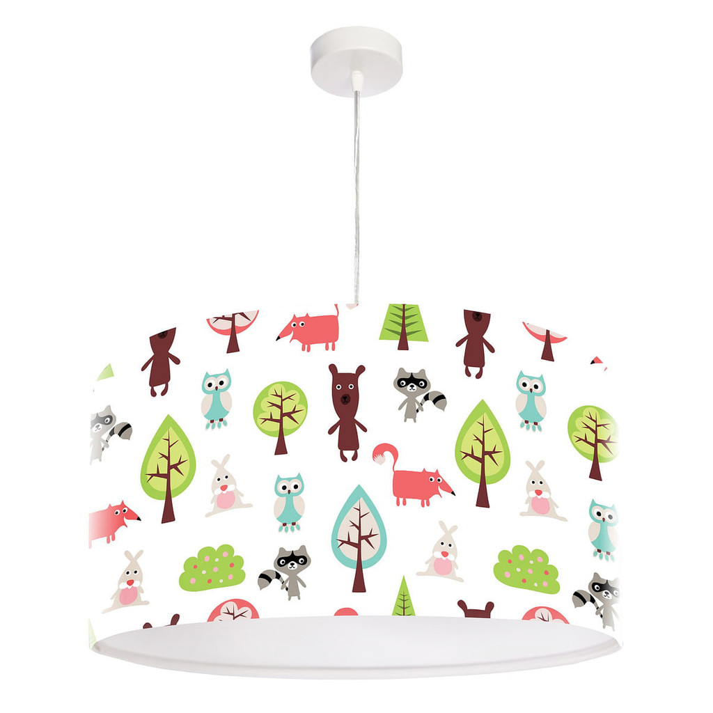 Biela závesná lampa v tvare valca s latexovým tienidlom, abažúrom s lesnými zvieratkami a rastlinami LESNÍ PRIATELIA - BPS Koncept obrázok 2