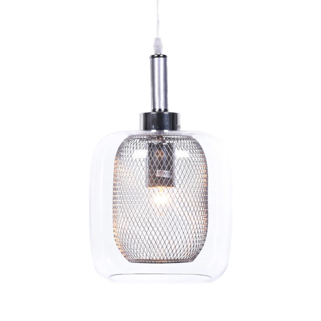Závěsná industriální loftová lampa, stříbrný lustr BESSA, skleněné stínítko, kovová síťka - Lumina Deco obrázek 1