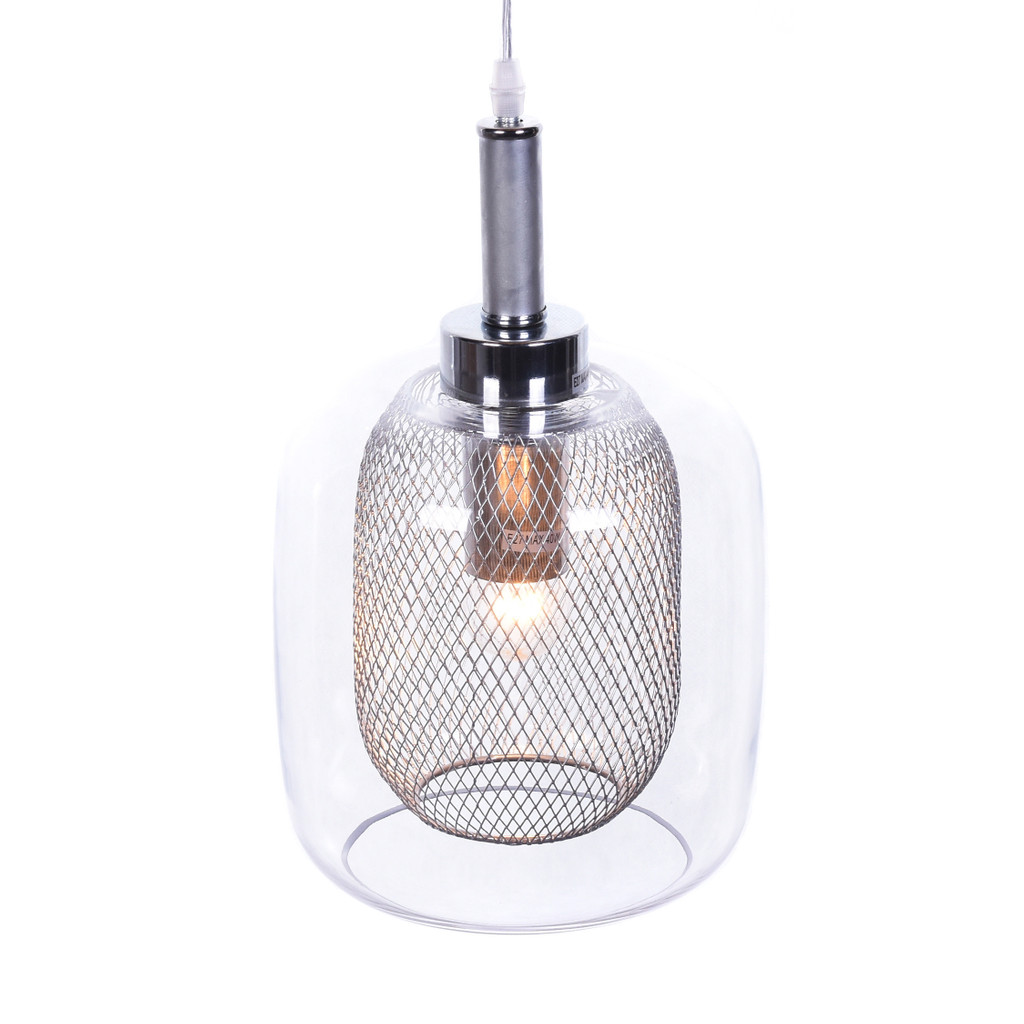 Závesná priemyselná loftová lampa BESSA STRIEBORNÁ, sklenené tienidlo, kovová mriežka - Lumina Deco obrázok 3