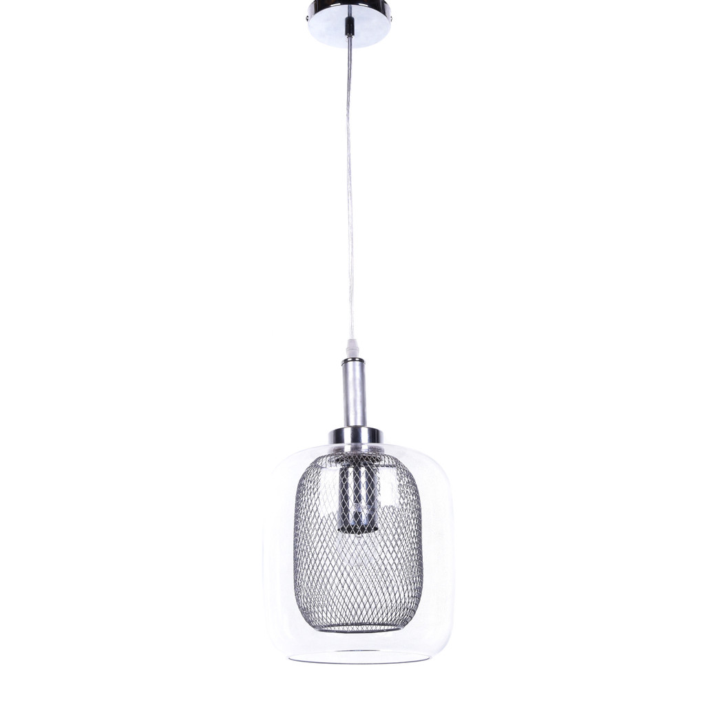 Závesná priemyselná loftová lampa BESSA STRIEBORNÁ, sklenené tienidlo, kovová mriežka - Lumina Deco obrázok 2