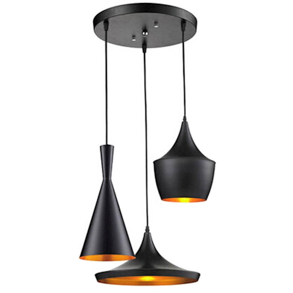 Triple modern and designer pendant lamp, black and metal, gold inner - FOGGI W3 - Lumina Deco image 1