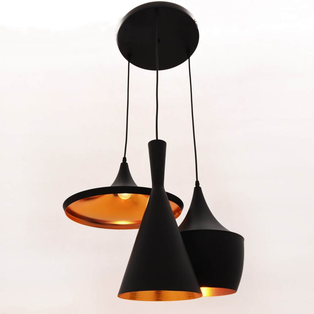 Triple modern and designer pendant lamp, black and metal, gold inner - FOGGI W3 - Lumina Deco image 3