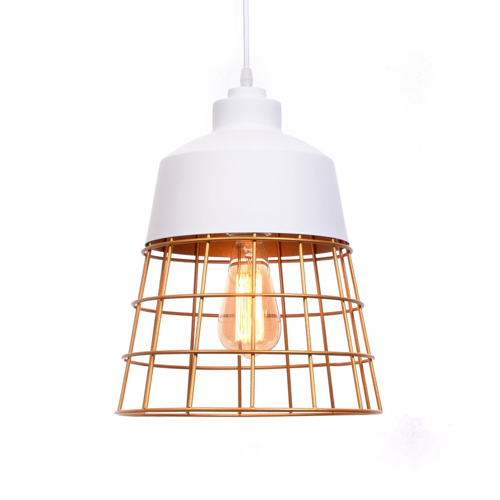 Biela, industriálna, drôtená závesná lampa BAGSY so zlatou mriežkou - Lumina Deco obrázok 3