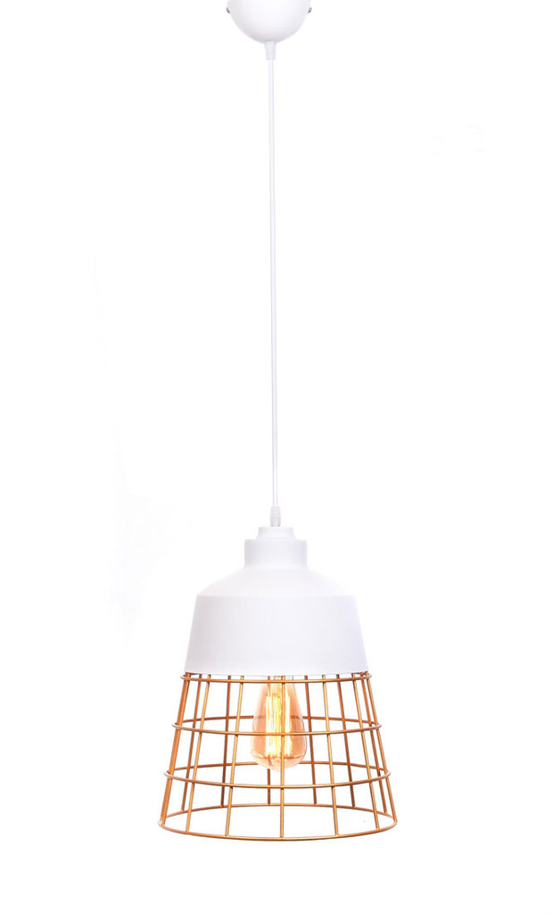 Biela, industriálna, drôtená závesná lampa BAGSY so zlatou mriežkou - Lumina Deco obrázok 4