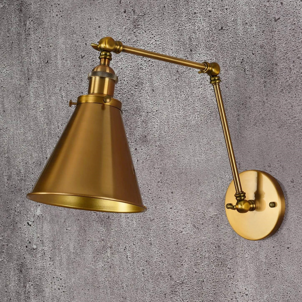 Loftová nástěnná lampa kloubová RUBI W2 kuželové stínítko kovové zlatá mosaz retro - Lumina Deco obrázek 4