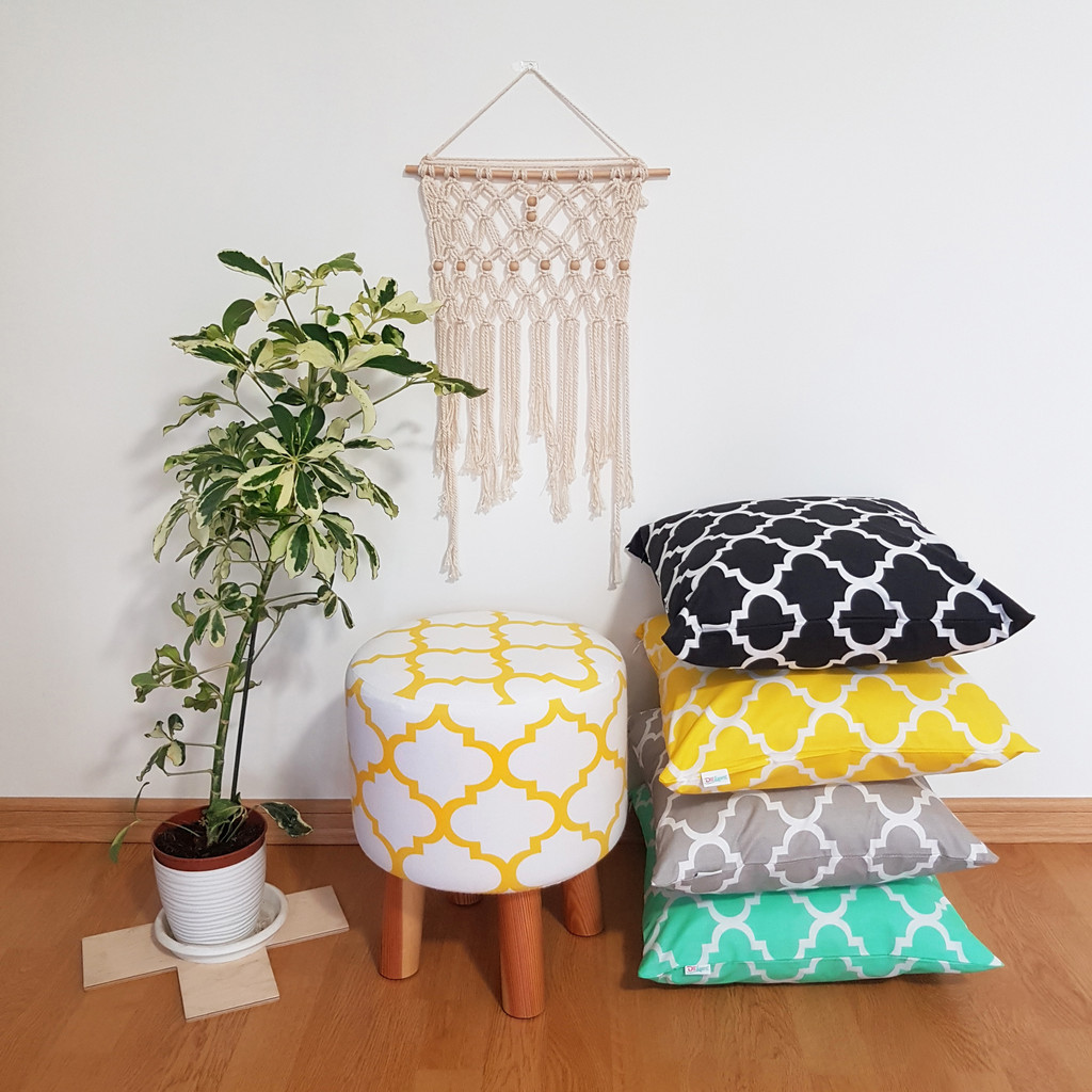 Scandinavian wooden stool MOROCCAN CLOVER white and yellow - Lily Pouf image 2