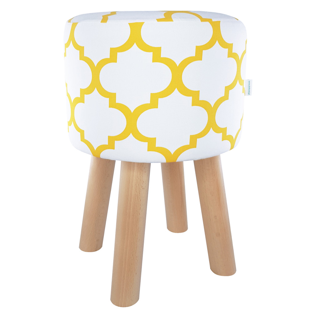 Scandinavian wooden stool MOROCCAN CLOVER white and yellow - Lily Pouf image 1
