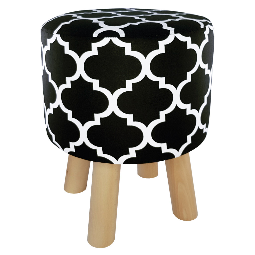 Efektná čierna taburetka, drevený puf, čierno-biely vzor MAROCKÁ ĎATELINA, škandinávsky stolček - Lily Pouf obrázok 2