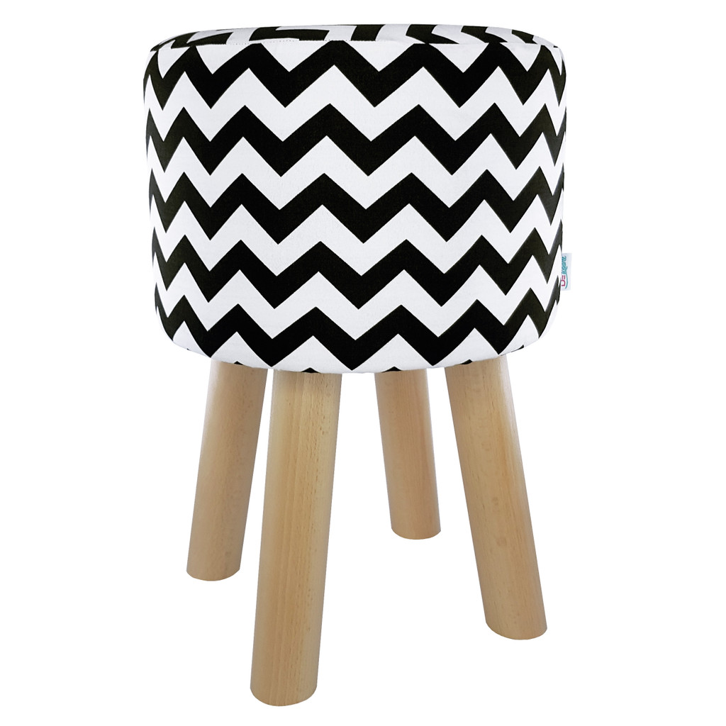 Fashionable pouf white and black with ZIGZAGS wooden stool for sitting - Lily Pouf image 1