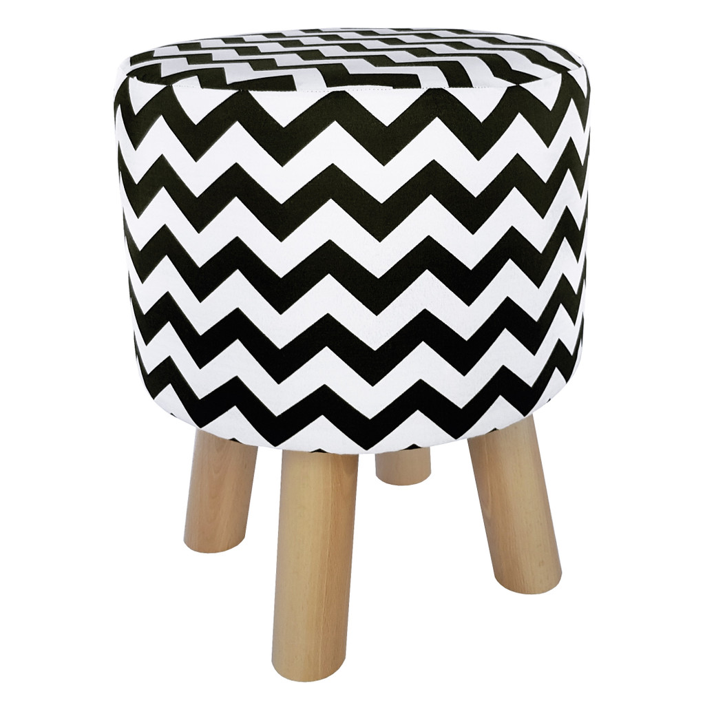 Módní černo-bílý pouf se vzorem cik cak, dřevěná sedací stolička - Lily Pouf obrázek 3